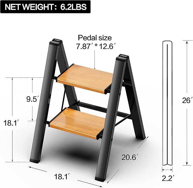 2 Step Ladder, Aluminum Lightweight Folding 2 Step Stool with Anti-Slip Wide Pedal,330lbs Capacity Steel Ladder for Household and Office(Black&Woodgrain)
