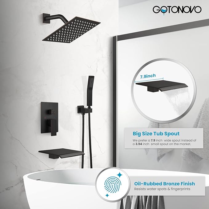 gotonovo Rain Shower Faucet System Set Rainfall Shower Head with Handheld Sprayer Waterfall Tub Spout Wall Mounted Mixer Combo Rough-in Valve and Trim Included 8 Inch Showerhead Oil Rubbed Bronze