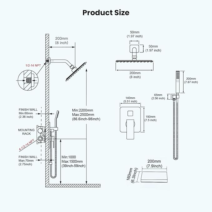 gotonovo Rain Shower Faucet System Set Rainfall Shower Head with Handheld Sprayer Waterfall Tub Spout Wall Mounted Mixer Combo Rough-in Valve and Trim Included 8 Inch Showerhead Matte Black