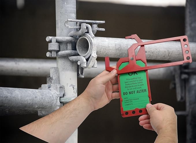 Accuform TSS902 Plastic Secure-Status Tag Holder, Default Legend Danger DO NOT USE Scaffold OR Climber, 10" Length x 3-1/2" Width x 3/8" Thickness, Red