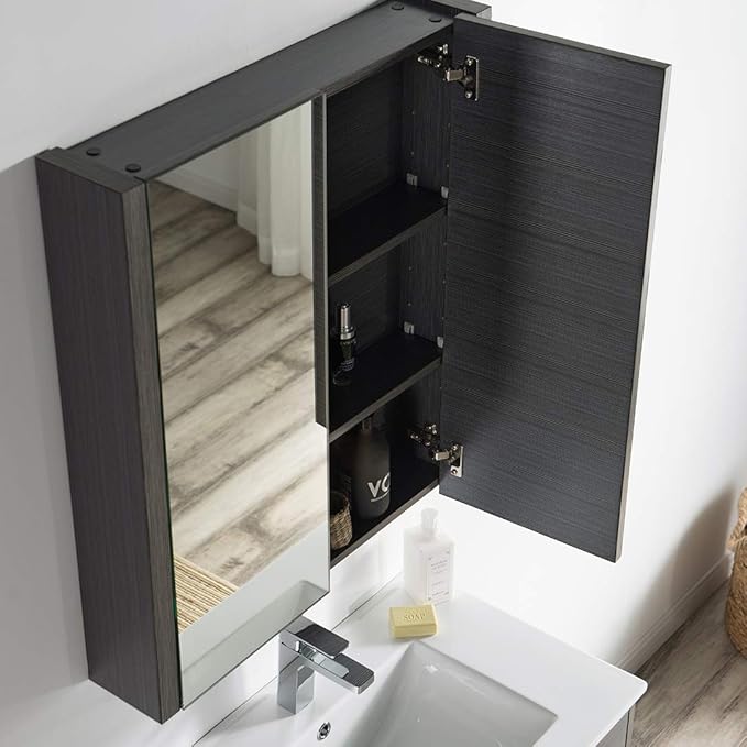 Blossom Single Bathroom Vanity with Ceramic Sink and Mirror Medicine Cabinet | All Wood Floating Vanity Cabinet | 2 Soft-Closing U-Shaped Cutout Drawers | 30 inch, Silver Grey