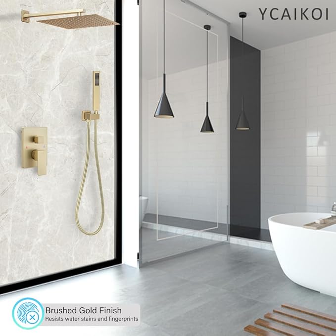 Brushed Gold Shower System YCAIKOI Wall Mount Shower Faucet Set for Bathroom 10 Inch High Pressure Luxury Shower Head with Handheld, Rough-in Valve Body and Trim Included