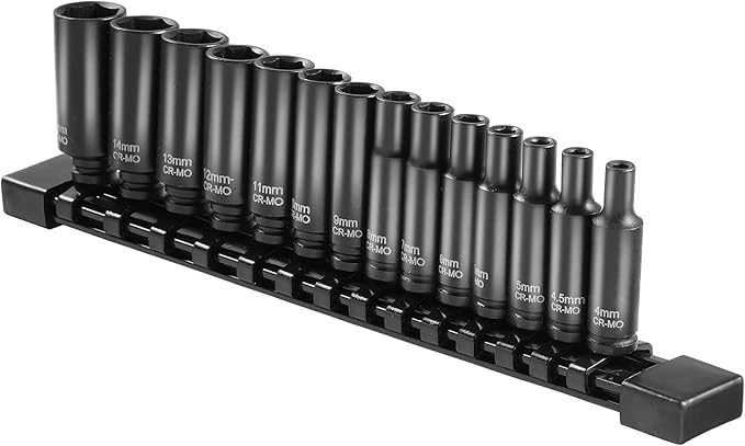 VEVOR 1/4" Drive Impact Socket Set, 14 Piece Deep Socket Set Metric 4-15mm, 6 Point Cr-Mo Alloy Steel for Auto Repair, Easy-to-Read Size Markings, Rugged Construction, Socket Organizer