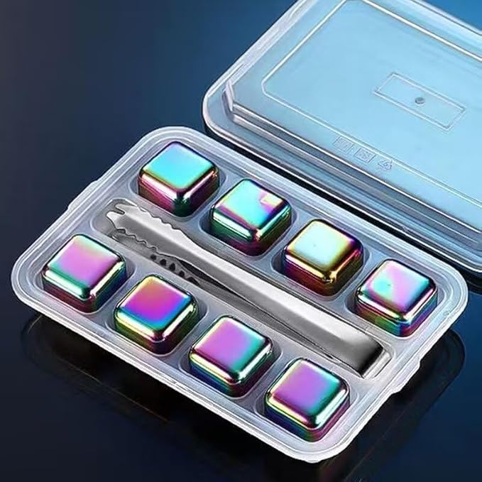 ShanSon Wine Chillers Metal Ice Cube 6 PCS Stainless Steel Whiskey Stones Reusable Whiskey Rocks Beverage Chilling Stones for Scotch and Bourbon Drinking Gifts Set for Men Dad Husband,Rainbow