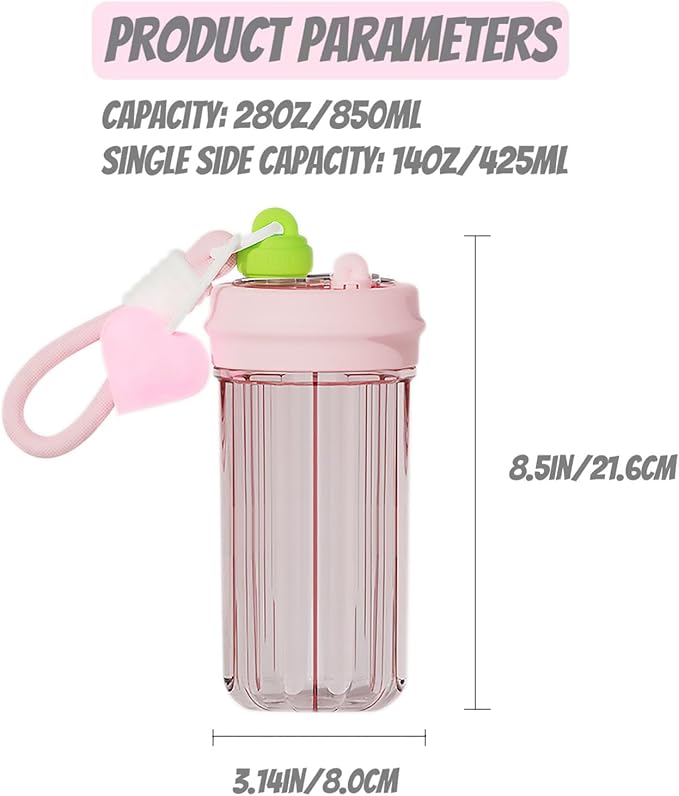28oz Split Flask Tumbler 2 in 1 Mixed Drink Tumbler, Kawaii Cup With Storage Blender Water Bottle, Travel Camping Snack Slushie Cup With Straw (Pink)