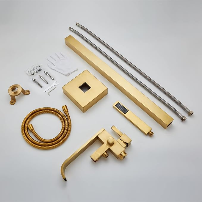 Freestanding Bathtub Faucet Tub Filler Brushed Gold Floor Mount Faucets Brass Single Handle with Hand Shower