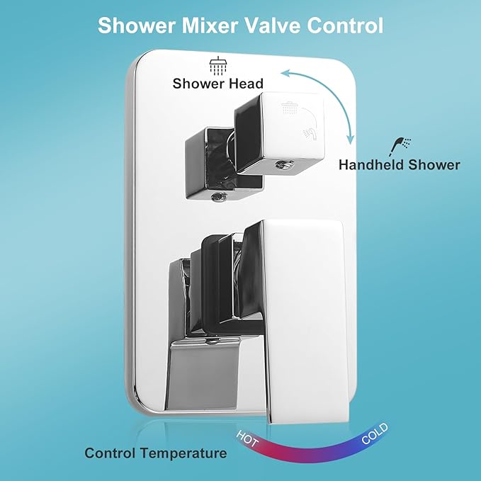 Chrome Shower System 8 Inch, Rain Shower Head with Handheld Spray, Luxury Rain Shower Set Square Wall Mount for Bathroom with Rain Shower and Handheld Shower System