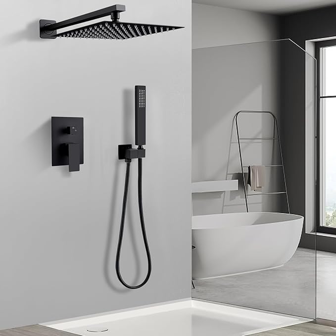 Black Shower Faucet Set Rain Shower System with 10 Inch Shower Head Combo Set Handheld Spray Matte Black Shower Fixtures Rough-In Valve Kit Trim Bathroom Complete Rainfall Shower Mixer Set