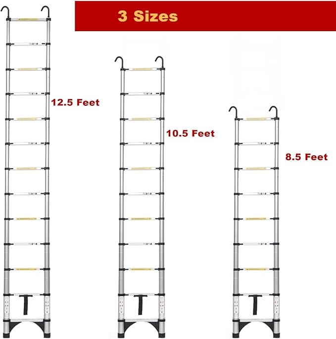 Telescoping Ladder, 12.5 FT Aluminum Lightweight Extension Ladder with 2 Stable Hooks, 2 Triangle Stabilizers & Non-Slip Feet, Heavy Duty 330 Lbs Max Capacity, Ideal for Home, RV & Outdoor Work