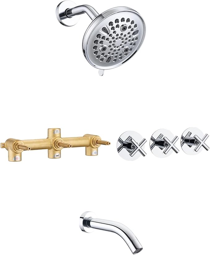 PROOX 3 Handle Tub Shower Faucet Set, 9-Setting Rainfall Shower Head with Tub and Shower Trim Kit with Rough-in Valve, Polished Chrome Bathtub Shower Faucets, Wall Mounted Bathroom Rain Shower System