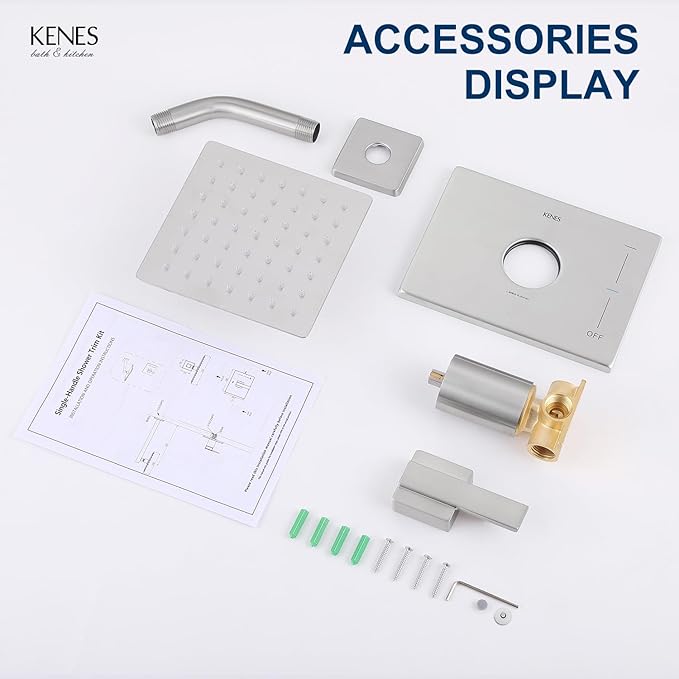 KENES Modern Brushed Nickel Shower Trim Kit, Square Shower Faucet with Single-Spray Stainless Rain Shower Head, Shower Trim Systems Wall Mount, KE-6025B (Shower Valve Included)