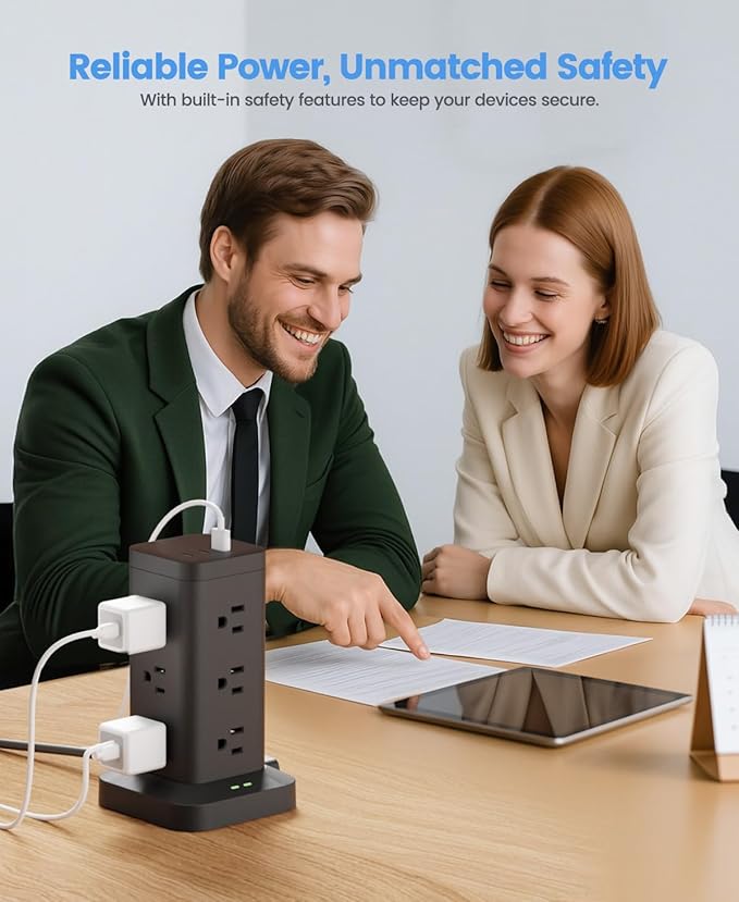 Power Strip Tower with Surge Protector 1800J, Fast Charging Tower PD20W USB-C Ports with 12 AC Outlets, 10ft Extension Cord for Home Office Dorm Room, Black