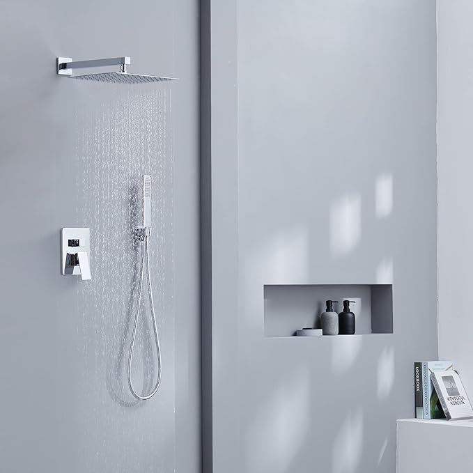 Iriber Chrome Shower System 10 Inch High Pressure Rainfall Shower Head Brass Shower Set Bathroom Rain Shower Mixer Shower Valve Modern Rain Shower and Shower Faucet and Handheld Combo Set