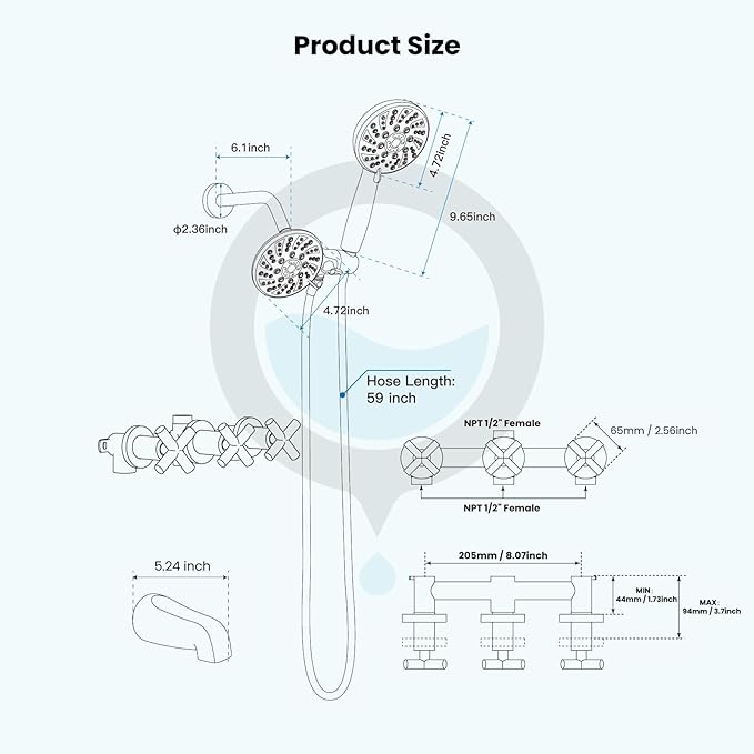 gotonovo 3 Handle Tub Shower Faucet Set, Dual Shower Head and Handle Set, Bathtub and Shower Faucet Combo,Shower System with Tub Spout,Wall Mount Tub Shower Trim Kit Matte Black