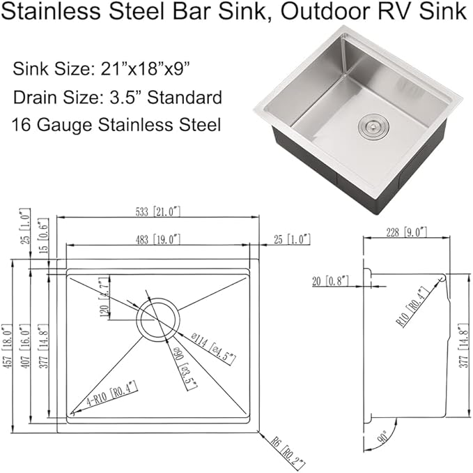 21 Inch Undermount Bar Sink, 21x18 Workstation 16 Gauge Stainless Steel Undermount Outdoor Kitchen Sink for RV Wet Bar Prep Basin