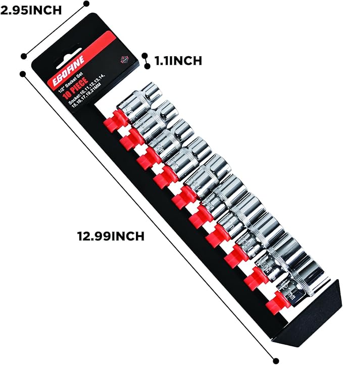 Egofine 10PCS 1/2” Drive Standard Socket Set,Shallow Socket Set,Metric Socket Set(10mm-21mm,6 Point Socket Set With Hanging Bracket,Cr-V Steel