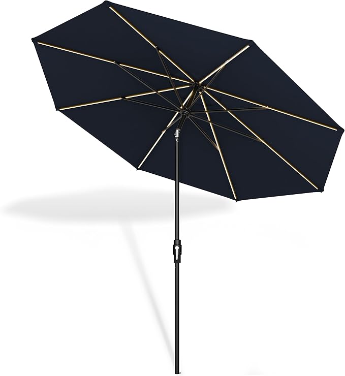 Midtown Umbrellas The LED Swilt 10 Feet Patio Umbrella With Sunbrella Canvas Navy Acrylic Fabric - Auto-Tilt Aluminum Frame With LED Lights For Backyard, Deck, Garden, Pool - Black Pole