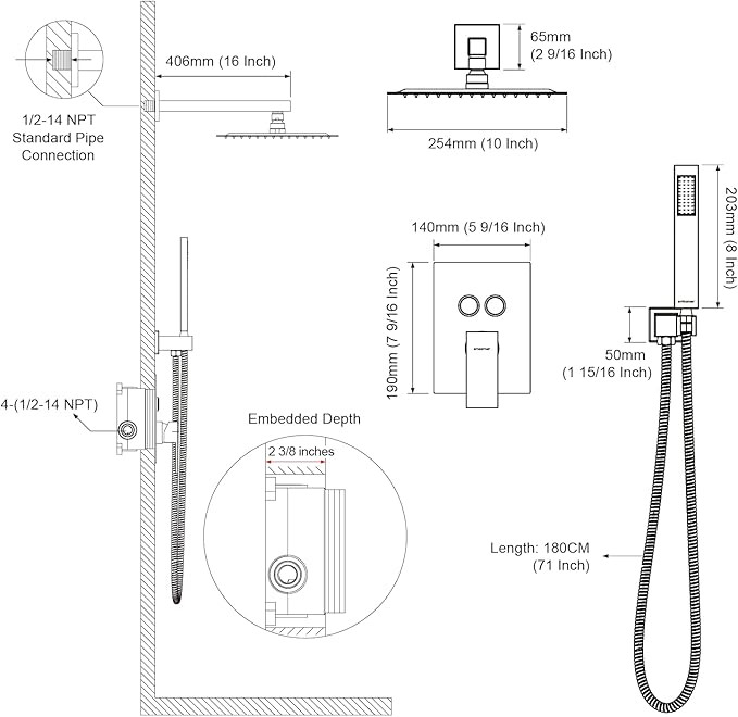 Shower System Shower Faucet Set with Push-Button Diverter and Wall Supply Elbow 10 Inch Shower Head Brushed Nickel