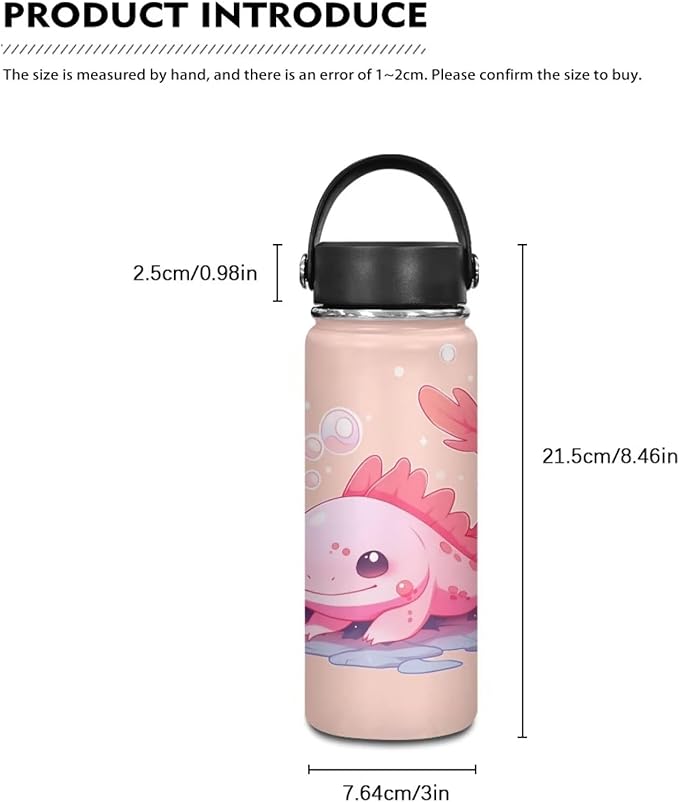Pink Axolotl Stainless Steel Water Bottle with Handle 18 Oz Vacuum Stainless Steel Reusable Leak & Sweat Proof Gym Sports Travel Water Bottle