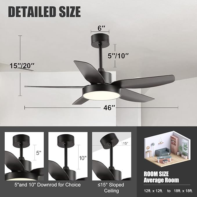 Modern Ceiling Fan with Light and Remote Control,46''Ceiling Fan with 3 Color Lights,Memory Function,5 Blades,6 Speeds,Outdoor Fan and Light for Living Room,Bedroom,Kitchen,Black