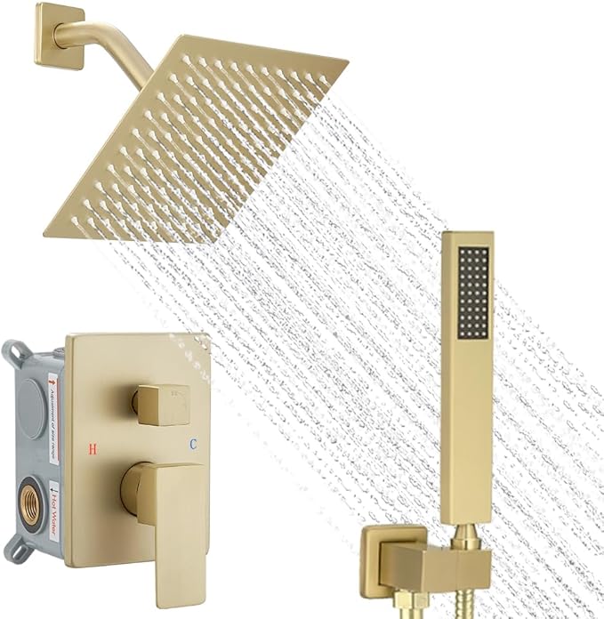 Brushed Gold Shower System, 8 Inch High Pressure Rain Shower with Handheld, Wall Mount Shower Faucet Set for Bathroom, Rough-in Valve Body and Trim Included