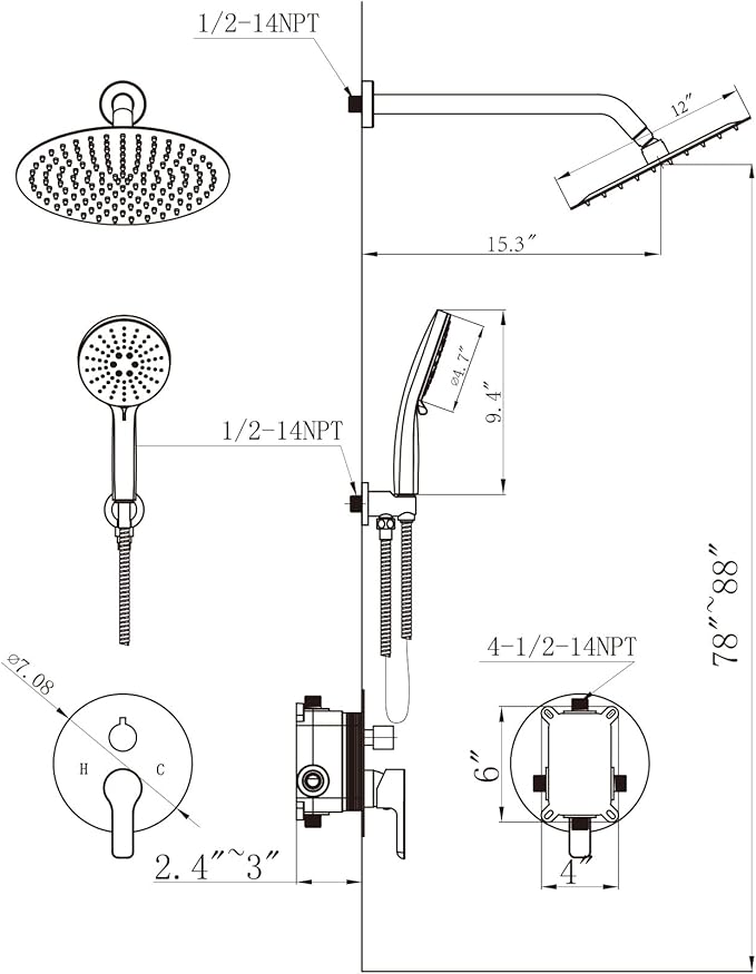 Shower Faucet Set 12IN Brass Rough-In Valve Body Trim Kit Rainfall Included Handle Accessories Complete 2 Functions with Rain Head and Handheld Bathroom Systems (12'', Chrome Polished)