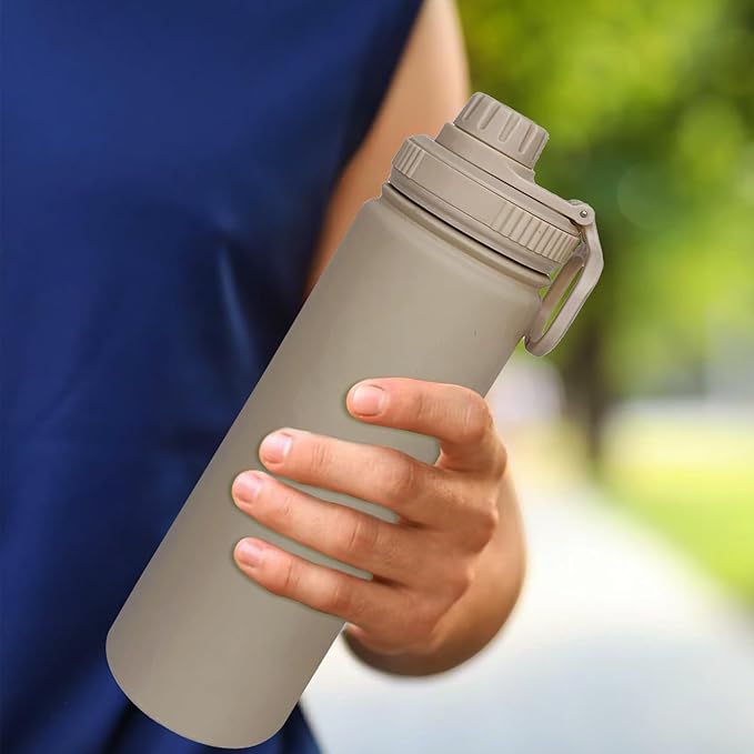 22oz Insulated Water Bottle ,Stainless Steel Sports Water Cup Flask with 2 Lids, Wide Mouth Travel Thermal Mug,Outdoor Sports Bottle(Cream apricot)