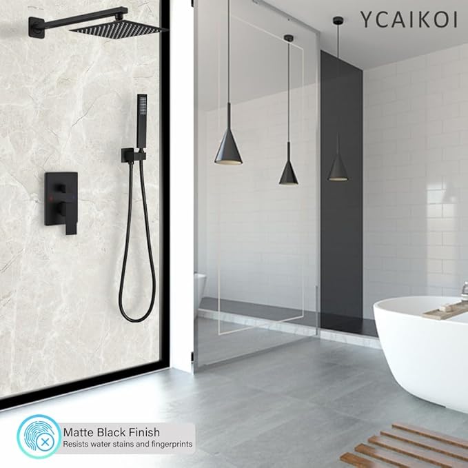 Matte Black Shower System YCAIKOI Wall Mount Shower Faucet Set for Bathroom 10 Inch High Pressure Luxury Shower Head with Handheld, Rough-in Valve Body and Trim Included