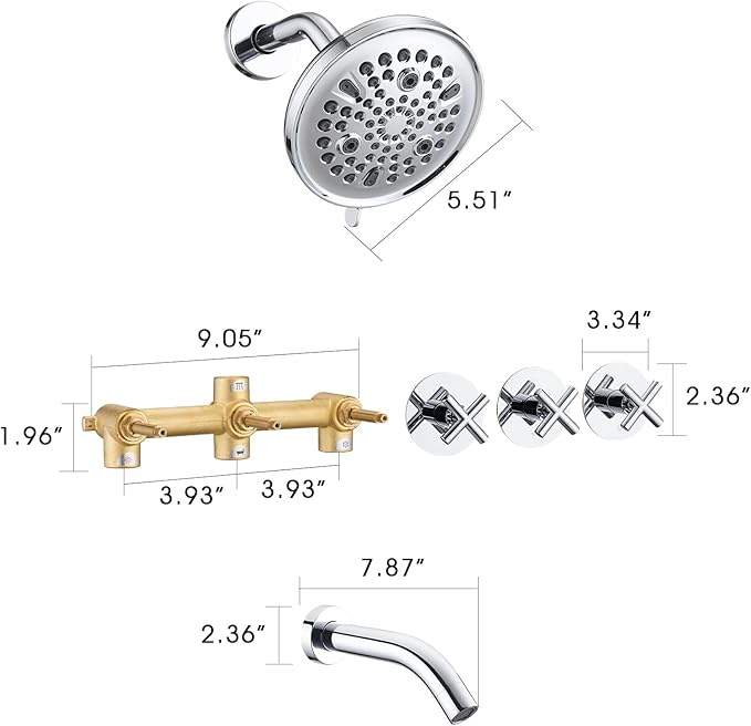 PROOX 3 Handle Tub Shower Faucet Set, 9-Setting Rainfall Shower Head with Tub and Shower Trim Kit with Rough-in Valve, Polished Chrome Bathtub Shower Faucets, Wall Mounted Bathroom Rain Shower System