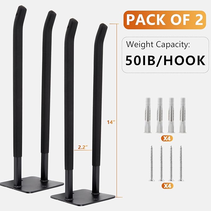 Sinoer Upgraded Garage Hooks,Shed Organizer, Utility Steel Garage Storage Hooks, 14 Inch Square Tube Garage Wall Mount Double Hooks for Yard, Tools, Car Tire, Garden Tools, 2 Pieces