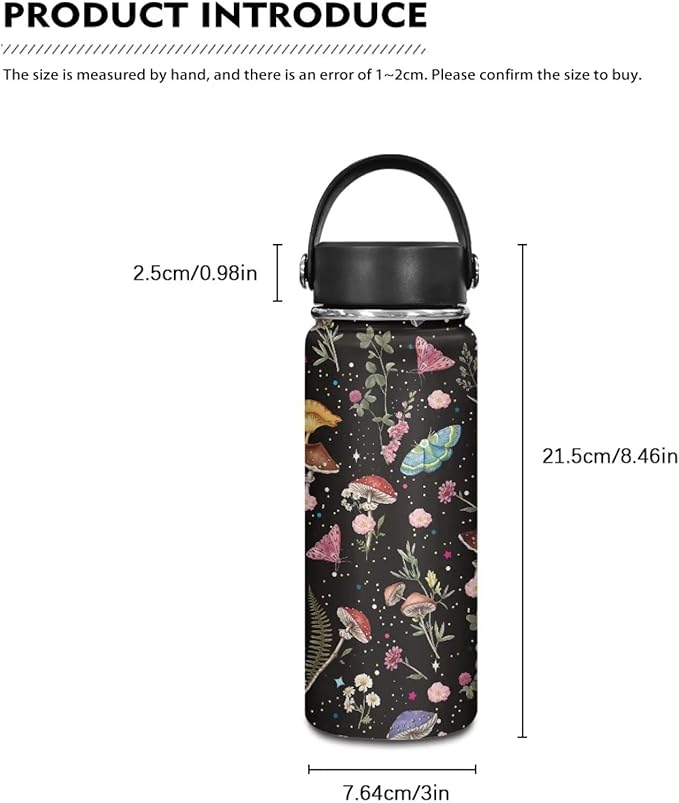 Wild Mushoom Water Bottle 18 Oz for Women Insulated Water Bottles with Handle Flask Wide Mouth Bottle Vacuum Stainless Steel Metal Water Bottle