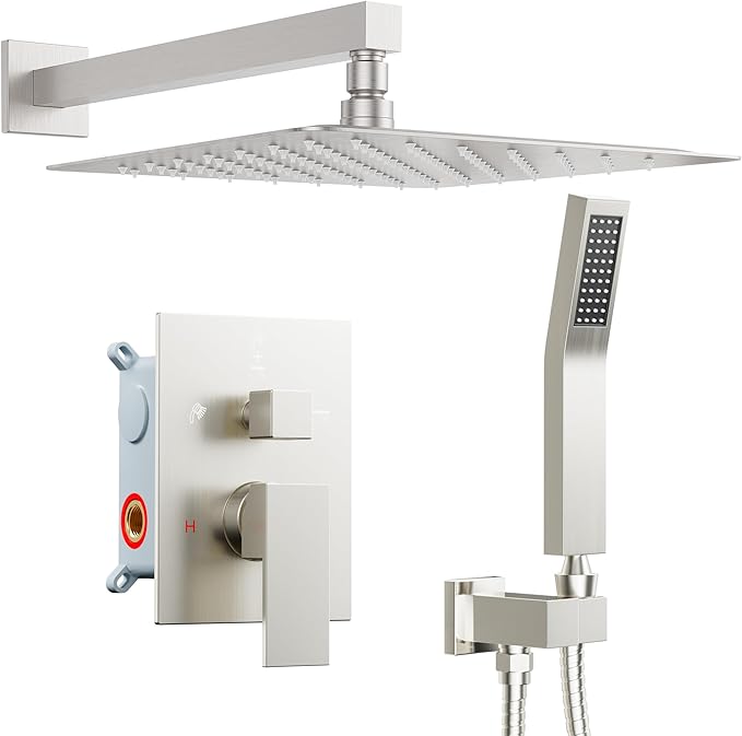 Shower Faucet Set Brushed Nickel Shower System, Starbath Rain Shower Head and Handheld Spray Shower Set Complete Wall Mounted,2 Way Pressure Balance Shower Valve and Trim Kit Included