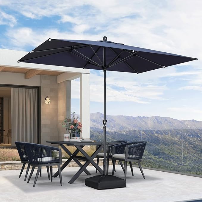 PURPLE LEAF 10' x 6.5' Rectangular Patio Umbrella Outdoor Table Umbrella Aluminum Frame Market Umbrella Sun Umbrella with 8 Sturdy Ribs Tilt for Garden Deck Lawn Pool Navy Blue
