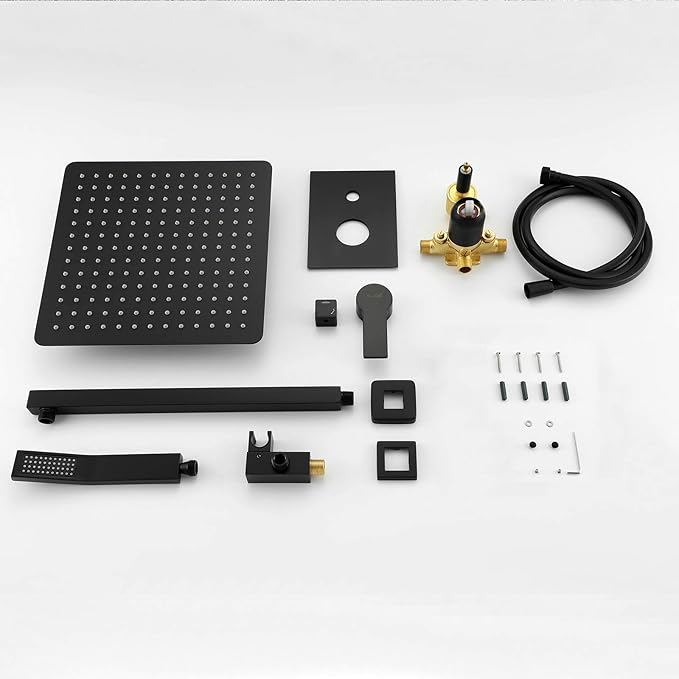 SHAMANDA Brass Rainfall Shower System, Luxuly Bathroom Shower Faucet Combo Set Matte Black (Including Rough-In Valve Body and Trim), L7001-7