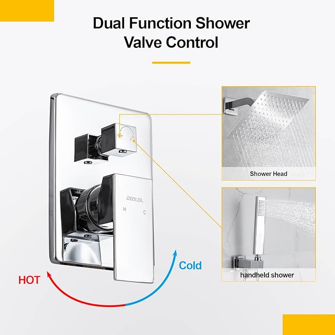 Rain Shower System with Handheld Shower, 10 Inch Wall Mounted Shower Faucet Set Bathroom Luxury Rain Mixer Shower Combo Set Rough-in Valve and Trim Kit, Chrome