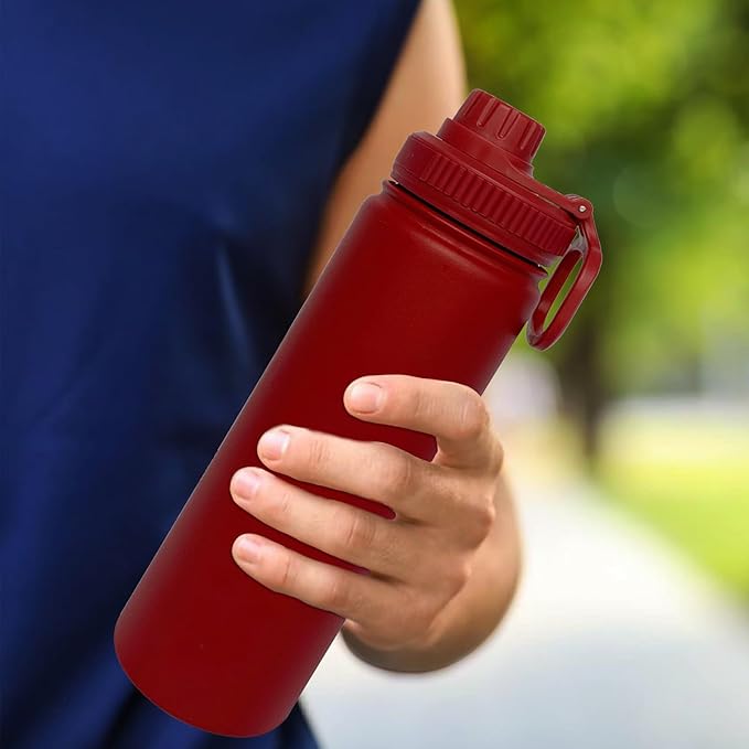 22oz Insulated Water Bottle ,Stainless Steel Sports Water Cup Flask with 2 Lids, Wide Mouth Travel Thermal Mug,Outdoor Sports Bottle(Deep red)