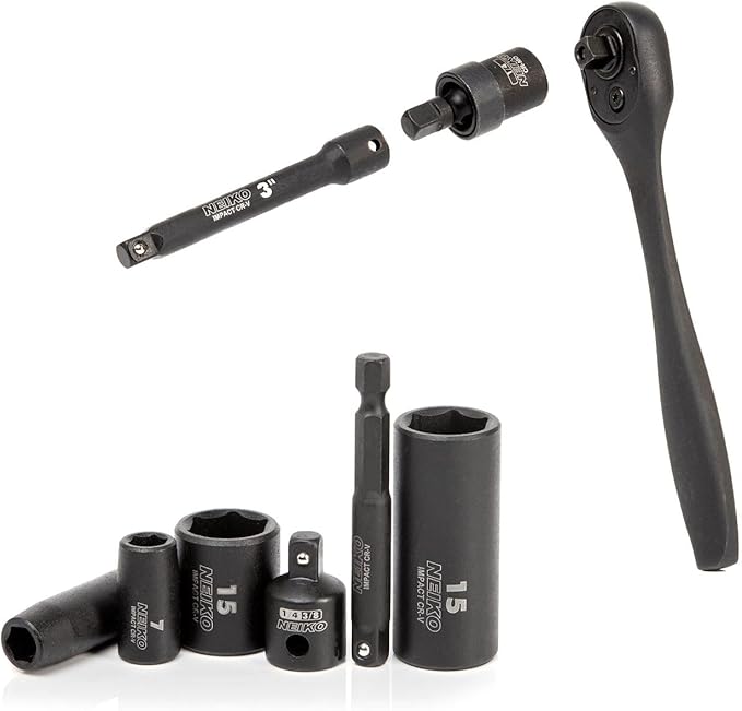 NEIKO 02437A 1/4 Drive Impact Socket Set 54 Piece Metric & Standard, Deep & Shallow Chrome Vanadium Steel 3/8” to 1/4” Reducer Hex Shank Adapter, Metric and Standard, Deep Socket Set