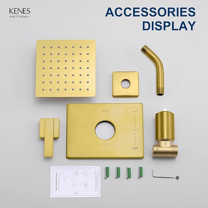 KENES Modern Brushed Gold Shower Faucet, Square Shower Trim Kit with Single-Spray Stainless Gold Rain Shower Head, Shower Trim Systems Wall Mount, KE-6025B-4 (Shower Valve Included)