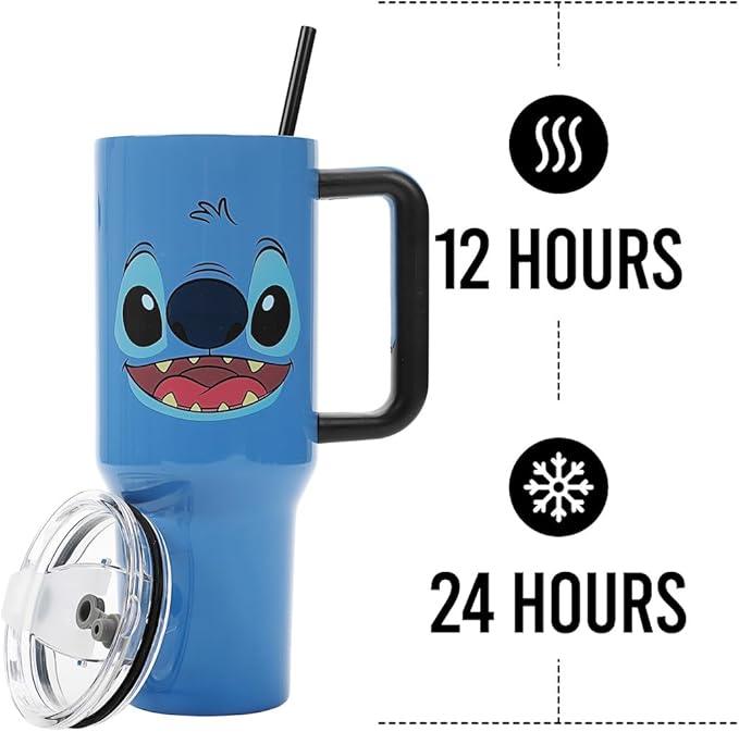 Bioworld Disney Stitch Face 40 Oz Blue Stainless Steel Tumbler With Handle