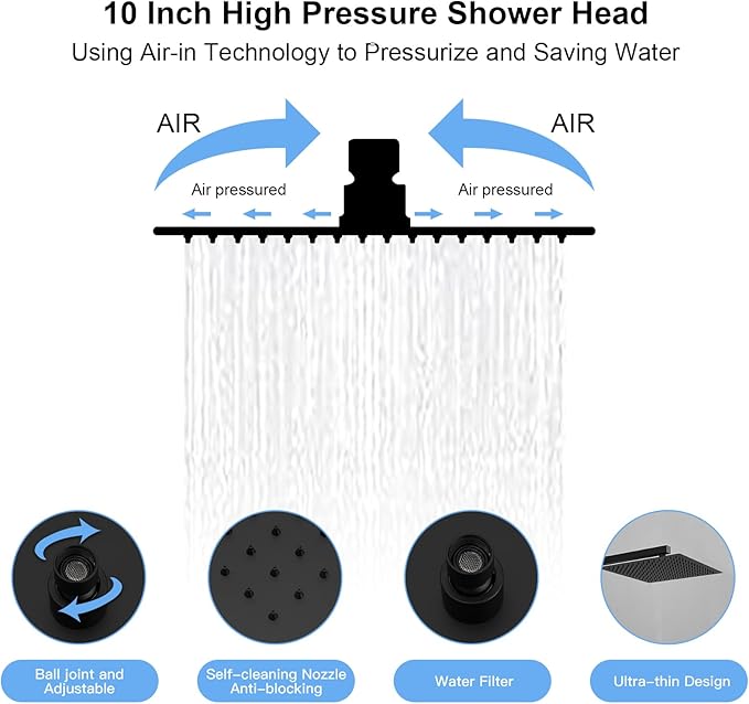 BWE Black Shower System with Body Jets,10 Inch Rain Shower Head with 6 Body Spray Jets and Handheld Shower,Wall Mounted Shower Faucet Set,Rough-in Mixer Valve and Trim Included
