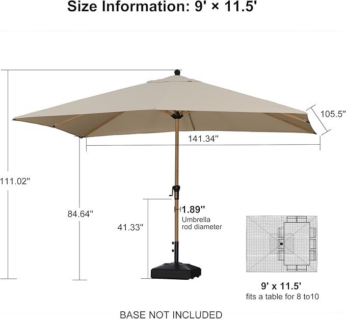 PURPLE LEAF 9' x 11.5' Patio Umbrella Outdoor Table Umbrella Rectangular Aluminum Market Umbrella with 8 Sturdy Ribs & Crank Outdoor Umbrellas for Garden Deck Patio, Beige