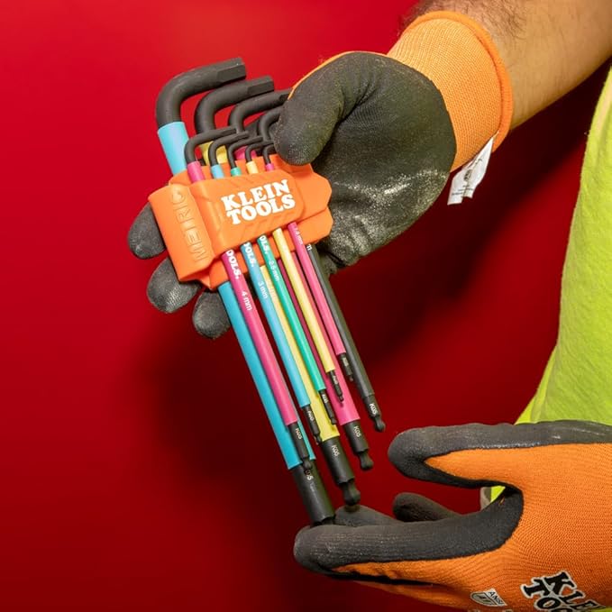 Klein Tools BLS9M 9-Piece Metric Ball End Hex Key Caddy Set, Color-Coded L Style, Extra-Long, Heat-Treated, 1.5 to 10 mm