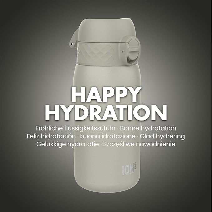 Ion8 Kids Water Bottle, Steel 400 ml/13 oz, Leak Proof, Easy to Open, Secure Lock, Dishwasher Safe, Hygienic Flip Cover, Carry Handle, Easy Clean, Durable, Scratch Resistant, Carbon Neutral, Grey