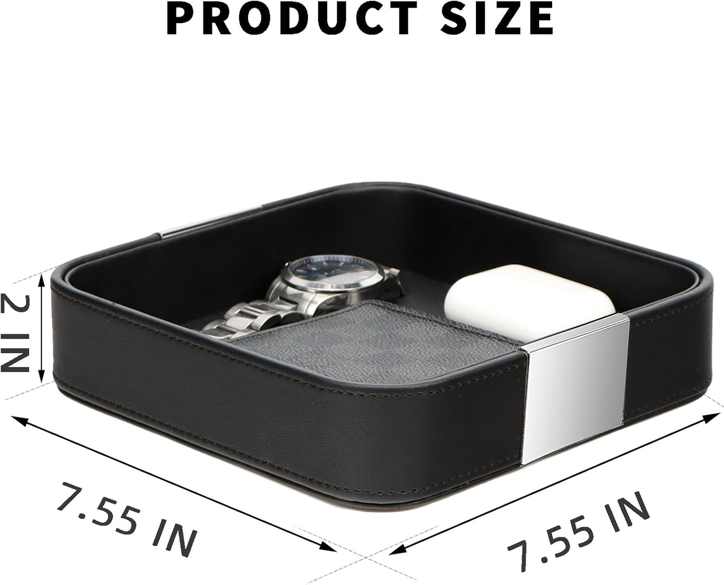 SANZIE Luxury Leather Desktop Storage Small Catchall Organizer Decorative Tray for Entryway Table to Hold Jewelry Watch Cosmetics Keys Phone Wallet, Home & Office Accessories (Metal Silvered, Black)