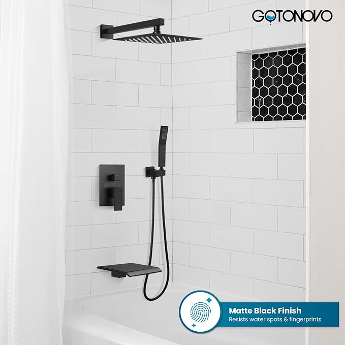 gotonovo Rain Shower Faucet System Set Rainfall Shower Head with Handheld Sprayer Waterfall Tub Spout Wall Mounted Mixer Combo Rough-in Valve and Trim Included 12 Inch Showerhead Matte Black