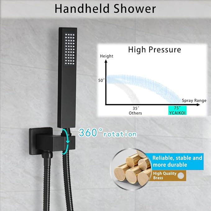 Matte Black Shower System YCAIKOI Wall Mount Shower Faucet Set for Bathroom 10 Inch High Pressure Luxury Shower Head with Handheld, Rough-in Valve Body and Trim Included