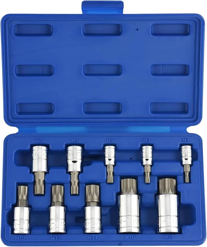 NEIKO 10056A 1/4-Inch, 3/8-Inch & 1/2-Inch Drive XZN Triple Square Spline Bit Socket Set | 10 Piece Set | Cr-V Sockets and S2 Steel Bits