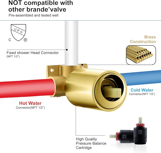 KENES Modern Brushed Gold Shower Faucet, Square Shower Trim Kit with Single-Spray Stainless Gold Rain Shower Head, Shower Trim Systems Wall Mount, KE-6025B-4 (Shower Valve Included)