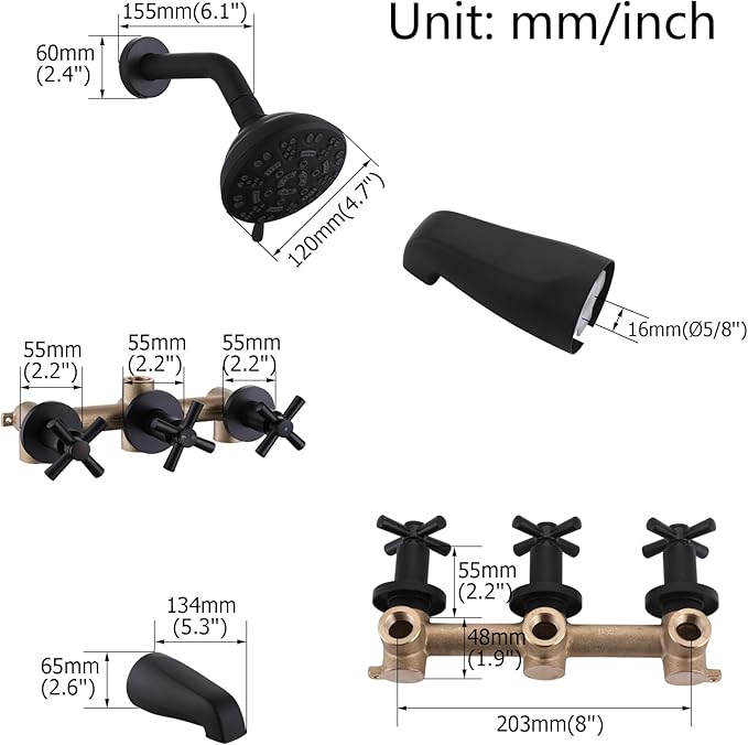 3 Handles Shower Faucet Set with Tub Spout Bathtub Shower Faucets Combo Set Shower System Complete Tub and Shower Trim Kit Shower Fixtures Matte Black