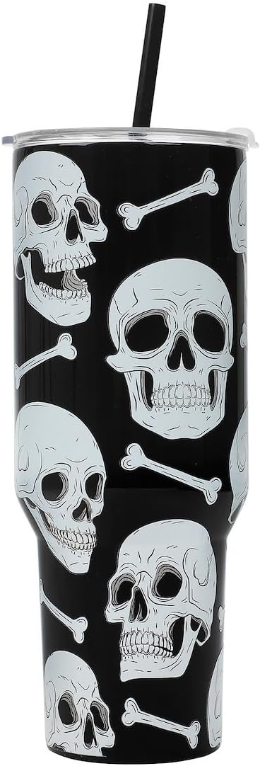 Bioworld Halloween Skulls & Bones 40 Oz Black Stainless Tumbler With Handle